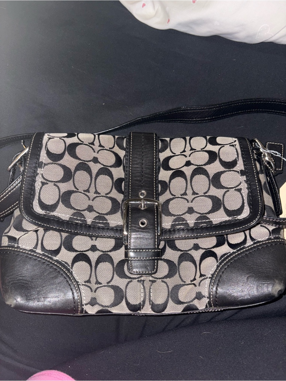 Coach Vintage Y2K Black and Gray Signature Canvas Buckle Crossbody